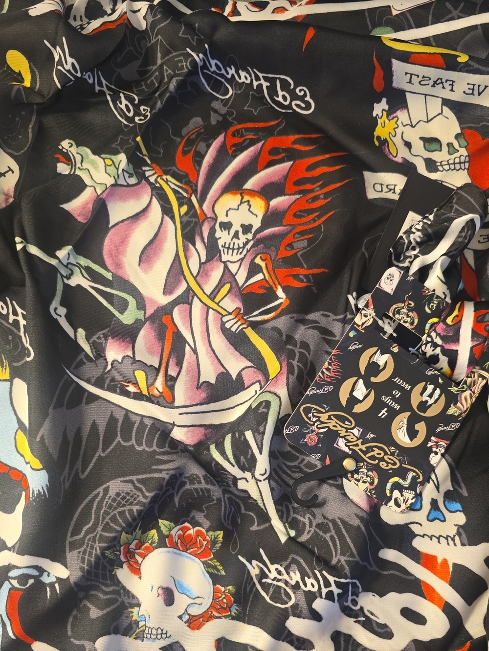 Ed Hardy Black Scarf 4 Way Wear Love Kills Slowly Skulls, Bandana, Top, Wrap New